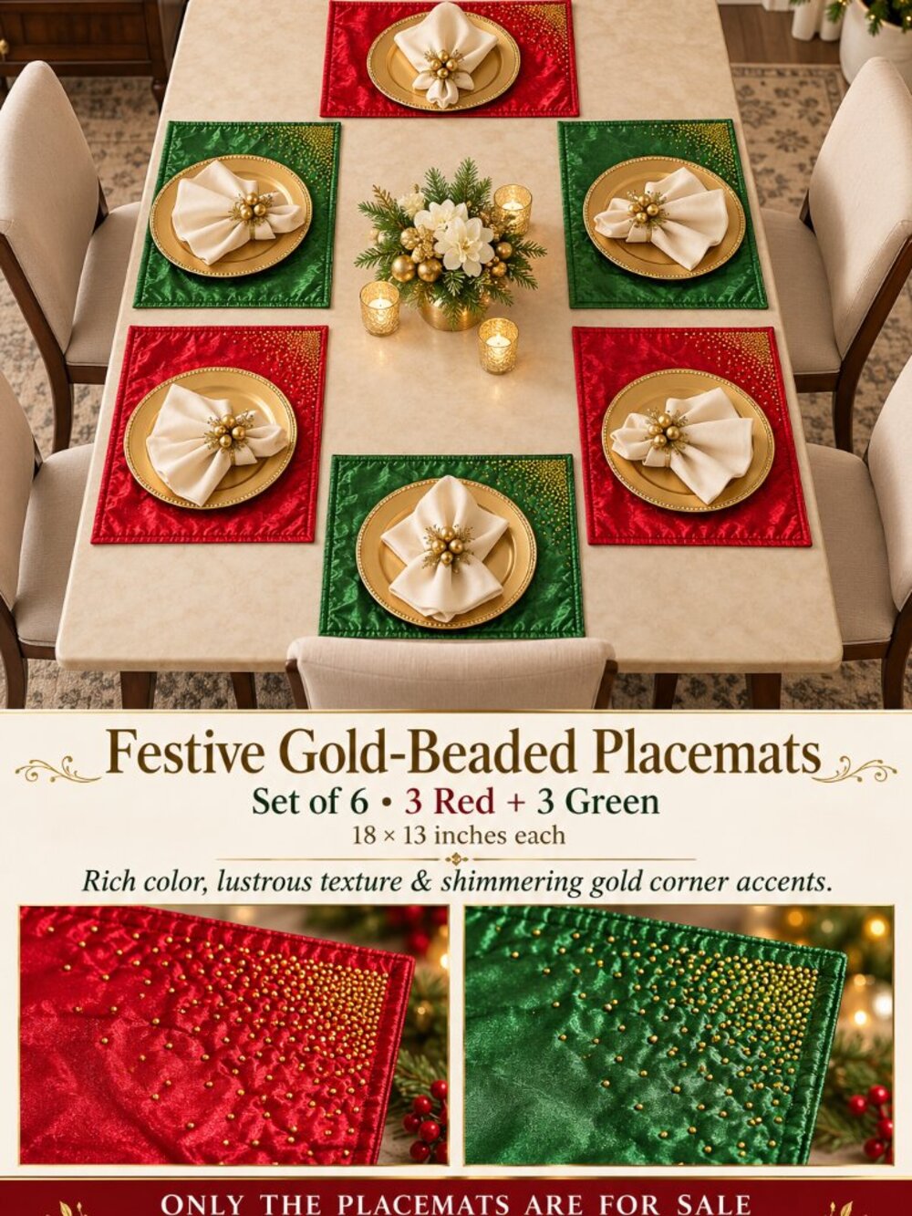 Festive Red & Green Gold-Beaded Placemats — Set of Seven (extra Red)